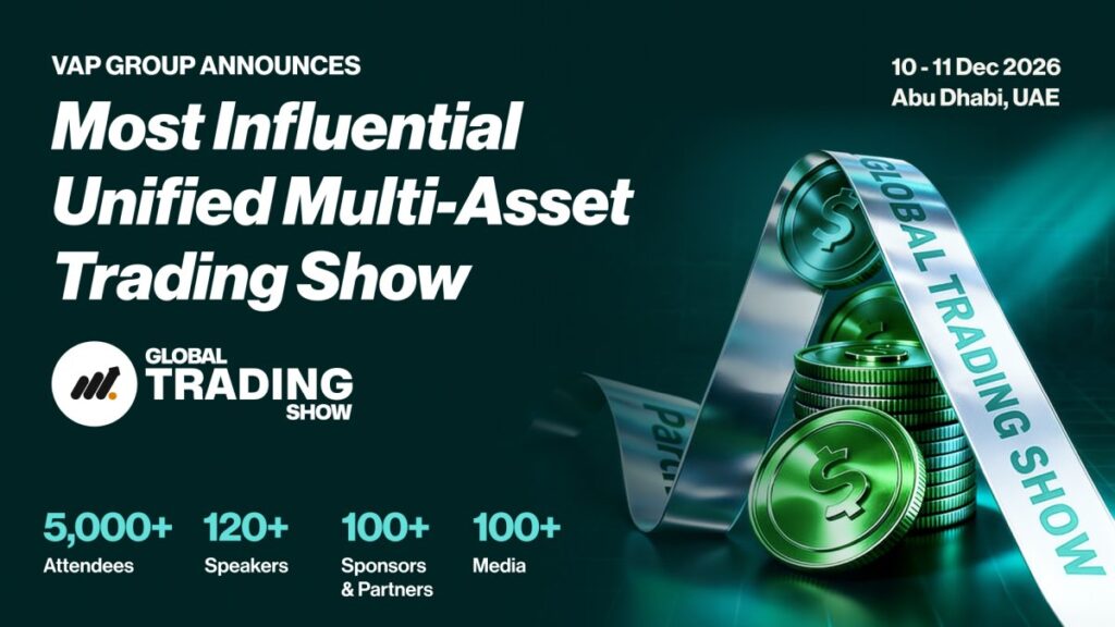 Global Trading Show promotional graphic featuring multi-asset trading and Abu Dhabi event details.