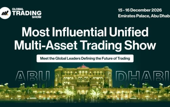 Global Trading Show announcement featuring Emirates Palace Abu Dhabi and December 15–16, 2026 event dates.