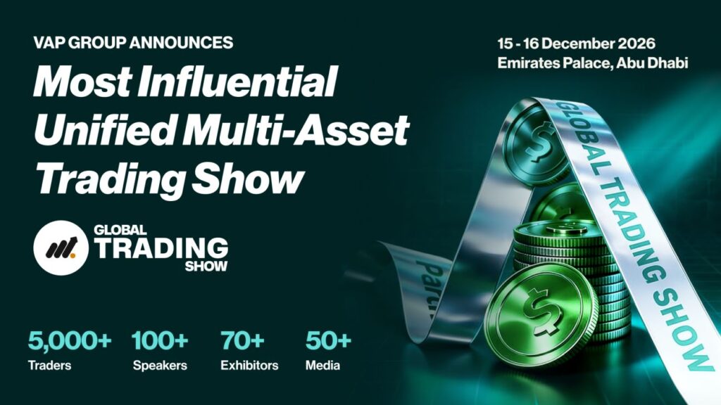 Global Trading Show promotional graphic with trading coins, event statistics and Abu Dhabi venue details.