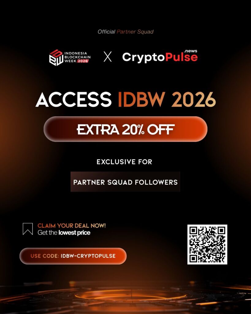 Indonesia Blockchain Week 2026 and CryptoPulse.News promotional graphic offering an exclusive 20% ticket discount with code IDBW-CRYPTOPULSE.