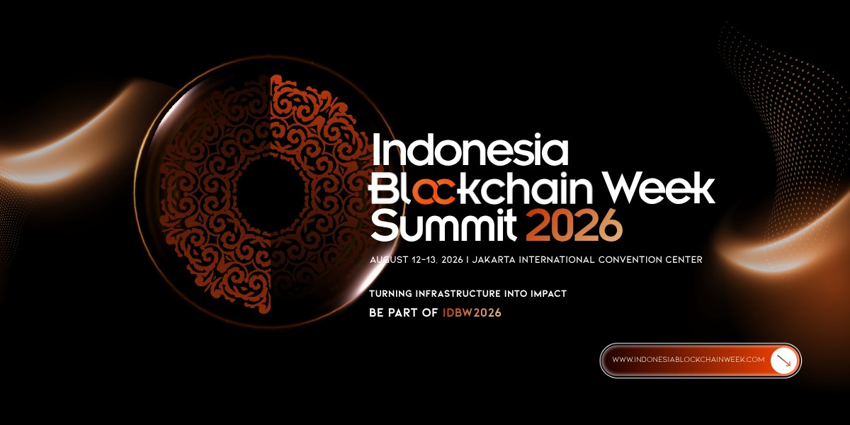 Indonesia Blockchain Week Summit 2026 event banner promoting the August 12–13 conference at Jakarta International Convention Center.