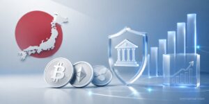 Japan crypto regulation concept with Bitcoin, Ethereum and XRP coins, financial shield, growth chart and Japan map