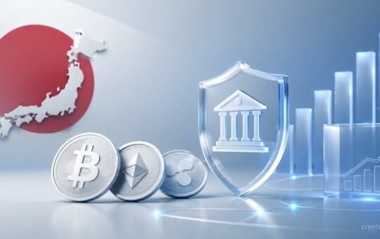 Japan crypto regulation concept with Bitcoin, Ethereum and XRP coins, financial shield, growth chart and Japan map