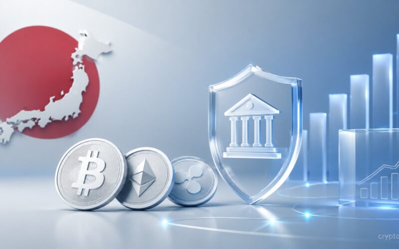 Japan crypto regulation concept with Bitcoin, Ethereum and XRP coins, financial shield, growth chart and Japan map