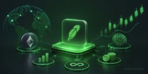 Robinhood Layer 2 blockchain with Ethereum, tokenized stocks, DeFi and AI-powered trading network illustration