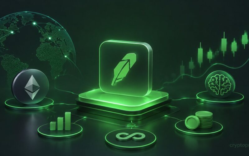 Robinhood Layer 2 blockchain with Ethereum, tokenized stocks, DeFi and AI-powered trading network illustration