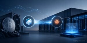 Bitcoin mining facility linked to an AI data center, symbolizing TeraWulf's long-term infrastructure deal with Anthropic.