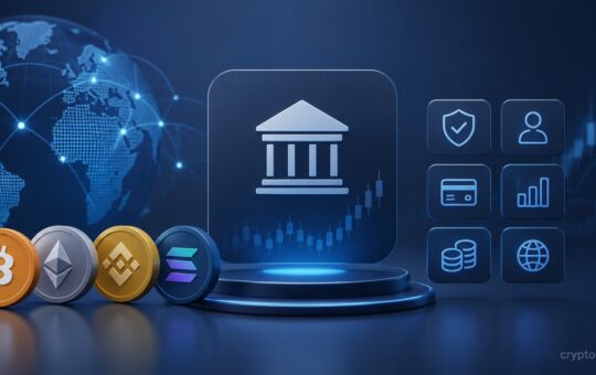 Illustration of a crypto exchange dashboard with Bitcoin, Ethereum, trading interface, and global blockchain network.