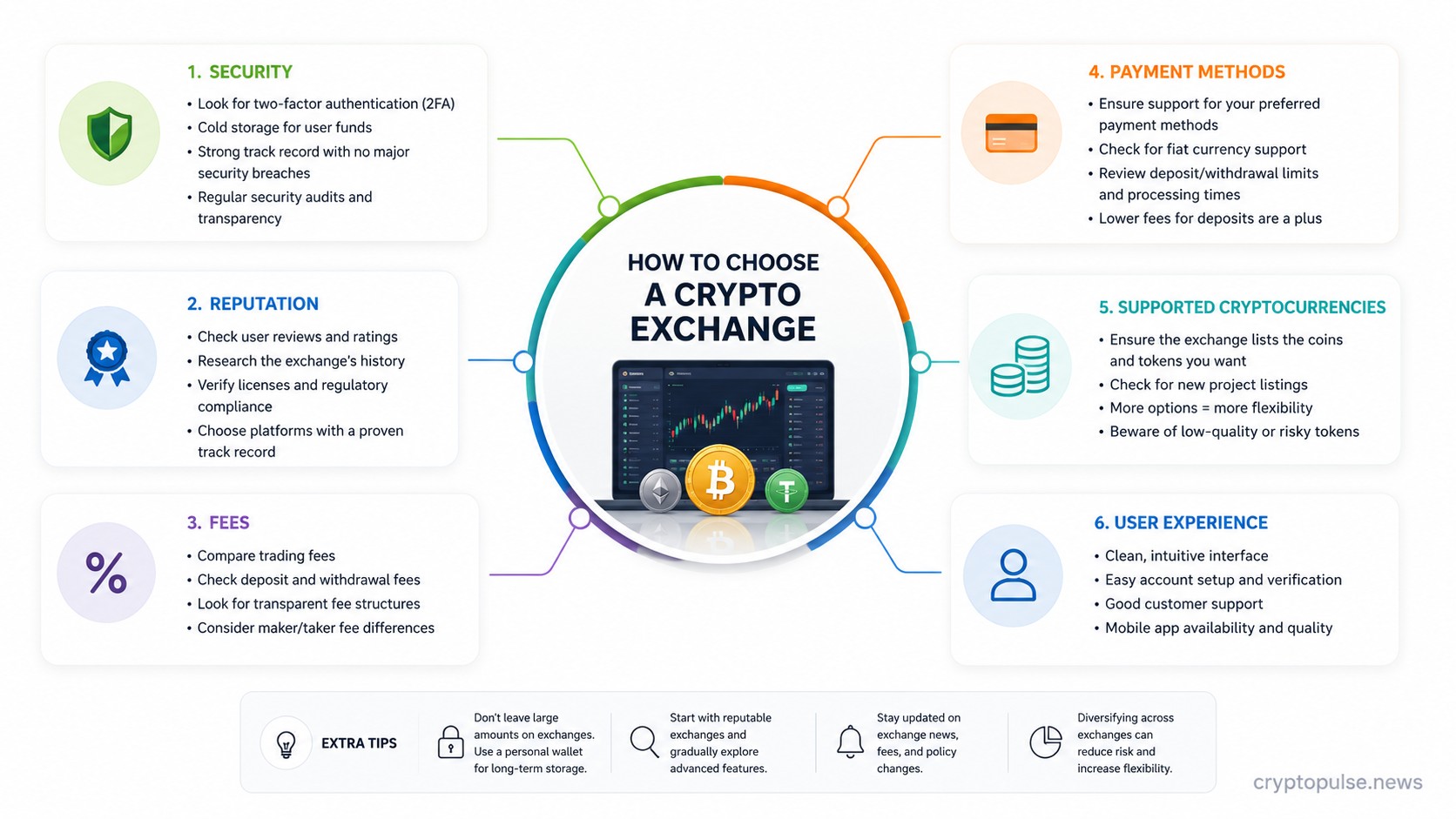 Infographic showing six key factors to consider when choosing a crypto exchange, including security, fees, reputation, and user experience.