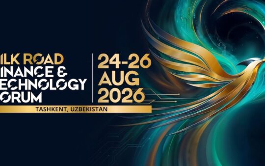 Silk Road Finance & Technology Forum 2026 event banner with dates and phoenix-themed fintech artwork in Tashkent.
