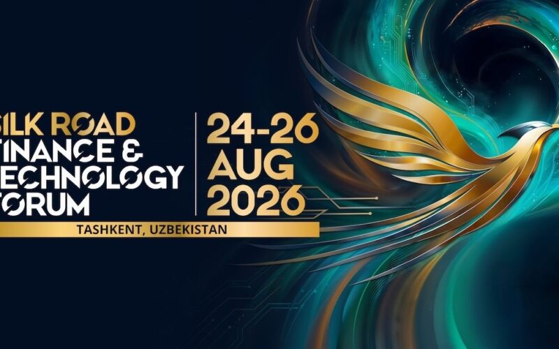 Silk Road Finance & Technology Forum 2026 event banner with dates and phoenix-themed fintech artwork in Tashkent.