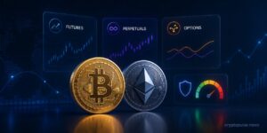 Crypto derivatives with Bitcoin, Ethereum, futures, perpetuals, options, and risk indicator