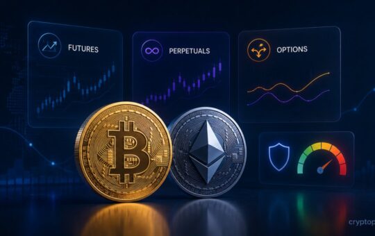 Crypto derivatives with Bitcoin, Ethereum, futures, perpetuals, options, and risk indicator
