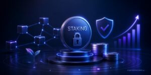 Abstract illustration of crypto staking with blockchain network, secure digital assets, staking rewards, and cryptocurrency growth
