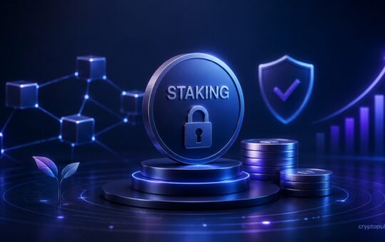 Abstract illustration of crypto staking with blockchain network, secure digital assets, staking rewards, and cryptocurrency growth