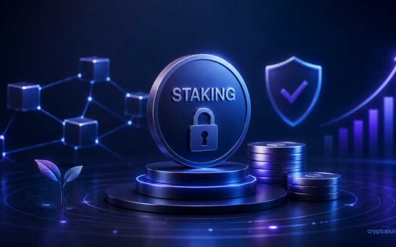 Abstract illustration of crypto staking with blockchain network, secure digital assets, staking rewards, and cryptocurrency growth