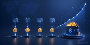 Illustration of Dollar-Cost Averaging (DCA) in crypto with recurring Bitcoin purchases over time leading to portfolio growth.