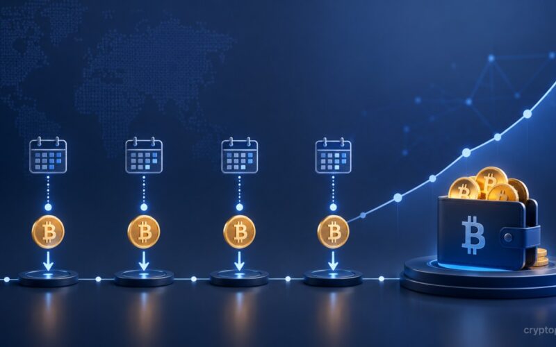 Illustration of Dollar-Cost Averaging (DCA) in crypto with recurring Bitcoin purchases over time leading to portfolio growth.