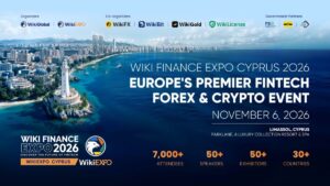 Promotional banner for Wiki Finance Expo Cyprus 2026 in Limassol featuring event date and attendee statistics.