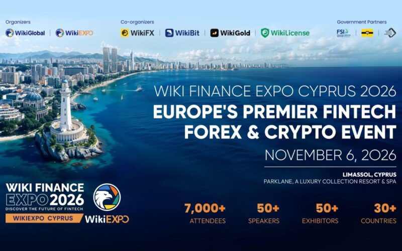 Promotional banner for Wiki Finance Expo Cyprus 2026 in Limassol featuring event date and attendee statistics.