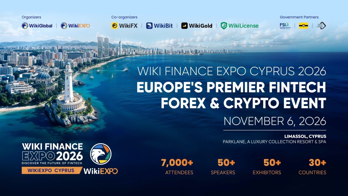 Promotional banner for Wiki Finance Expo Cyprus 2026 in Limassol featuring event date and attendee statistics.