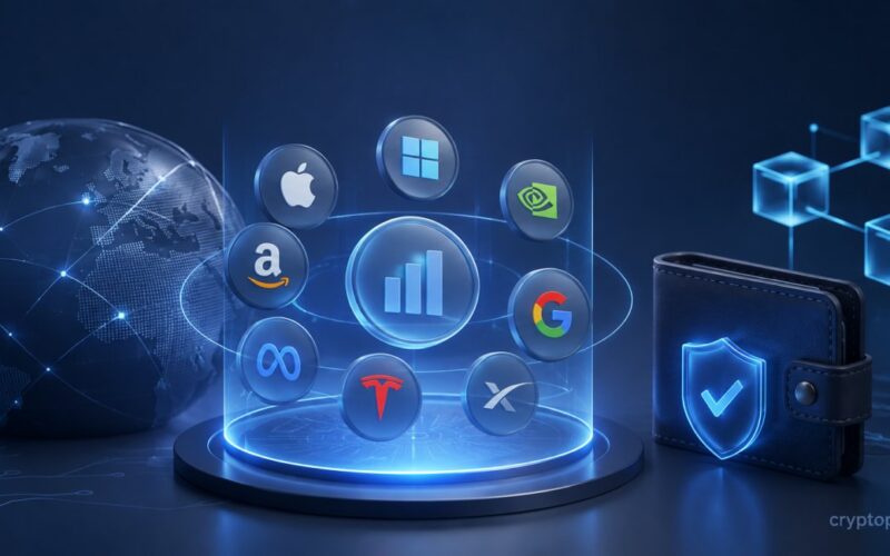 Tokenized stock portfolio with tech company assets, self-custody wallet and blockchain network.