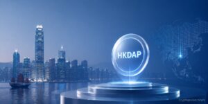 HKDAP stablecoin represented by a digital coin over Hong Kong skyline with a glowing Asia map in the background.