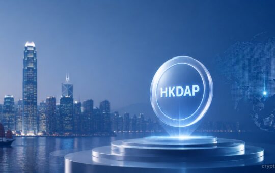 HKDAP stablecoin represented by a digital coin over Hong Kong skyline with a glowing Asia map in the background.
