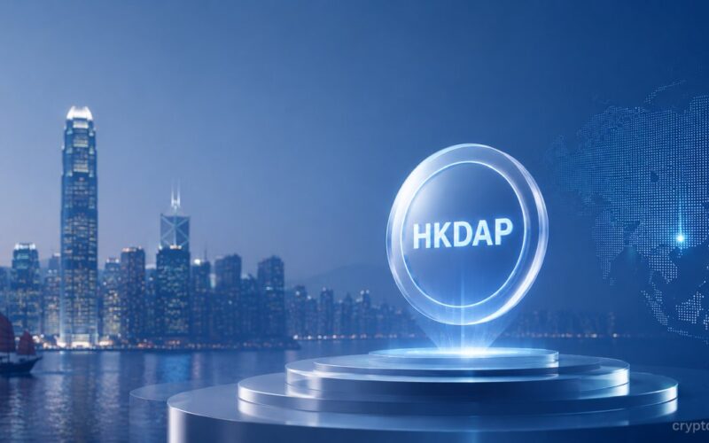 HKDAP stablecoin represented by a digital coin over Hong Kong skyline with a glowing Asia map in the background.