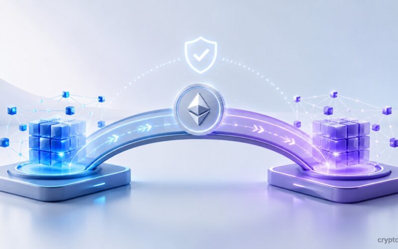 Ethereum token crossing a secure bridge between two blockchain networks