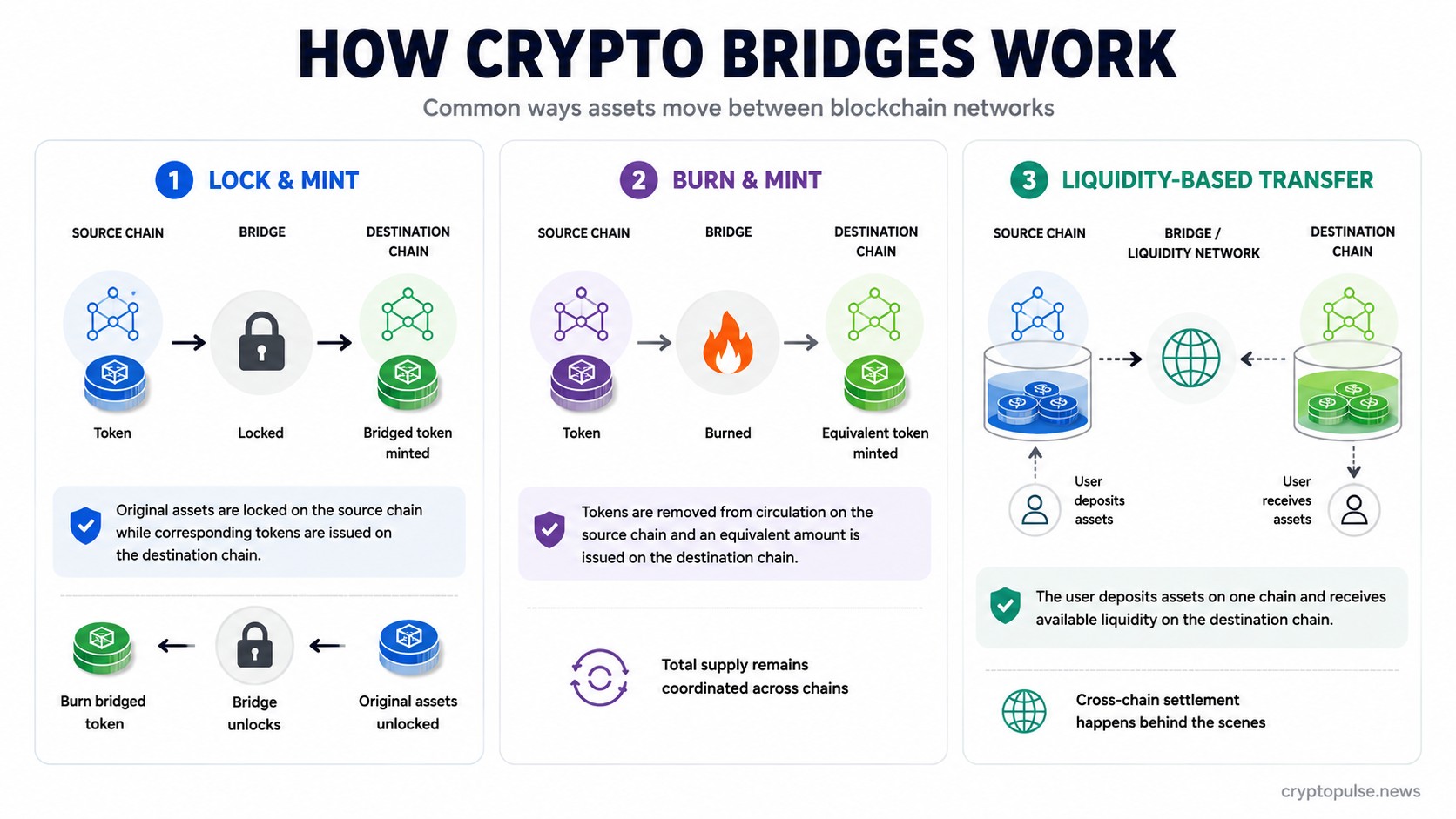 Crypto bridge mechanisms showing lock-and-mint, burn-and-mint, and liquidity-based transfers