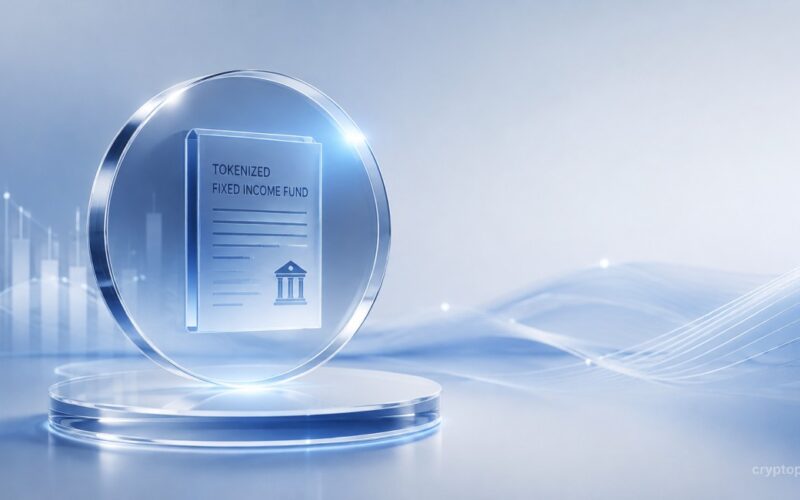 Tokenized fixed-income fund represented as a digital financial certificate in a futuristic finance setting