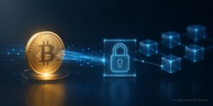 Bitcoin symbol connected to a digital lock and blockchain network representing a quantum-safe Bitcoin transaction.