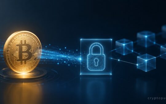 Bitcoin symbol connected to a digital lock and blockchain network representing a quantum-safe Bitcoin transaction.