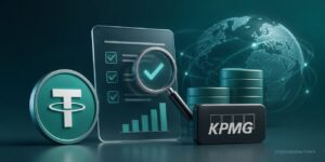 Tether USDT token with financial audit checklist, KPMG review, reserves and digital finance chart.