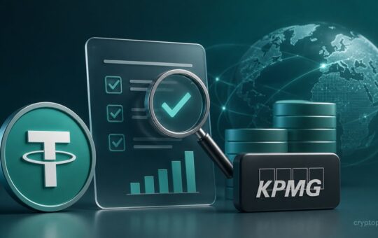 Tether USDT token with financial audit checklist, KPMG review, reserves and digital finance chart.
