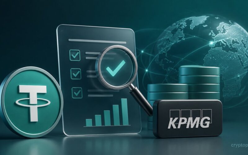 Tether USDT token with financial audit checklist, KPMG review, reserves and digital finance chart.