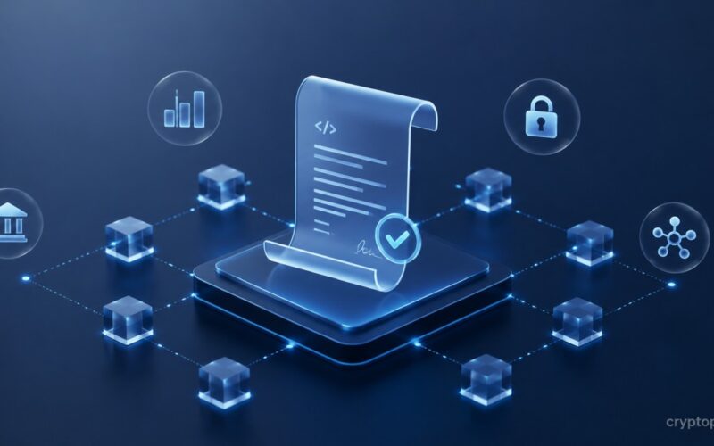 Smart contract code and blockchain network illustrating decentralized applications