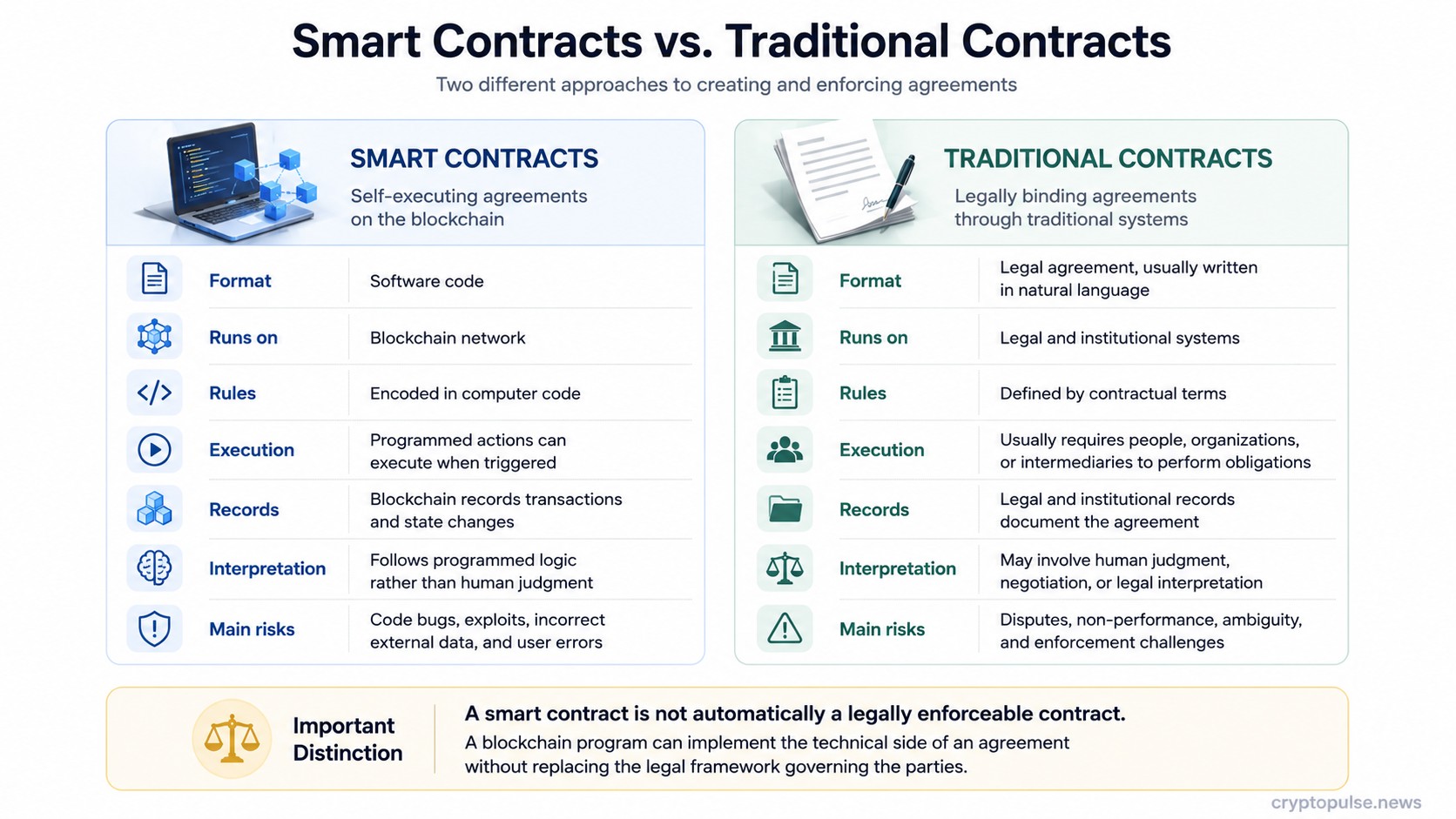 Smart contracts and traditional contracts compared by format, execution, rules, records, interpretation, and risks