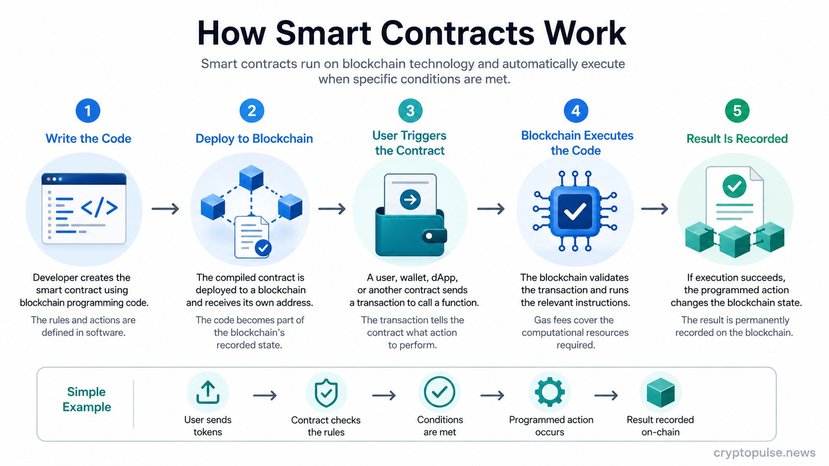 How smart contracts work, from writing code and blockchain deployment to execution and recording results on-chain