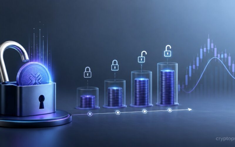 Token unlock timeline showing locked cryptocurrency becoming tradable with rising token supply and crypto price chart