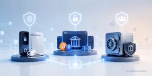 Crypto custody shown through a hardware wallet, exchange platform, and institutional vault