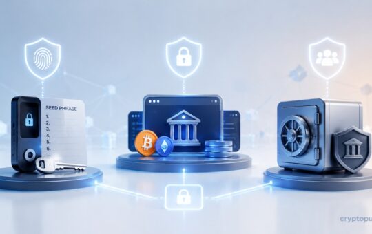 Crypto custody shown through a hardware wallet, exchange platform, and institutional vault