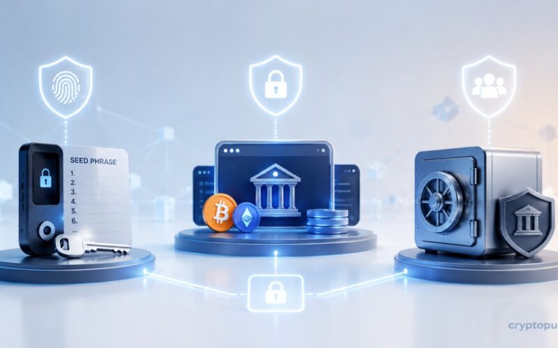 Crypto custody shown through a hardware wallet, exchange platform, and institutional vault