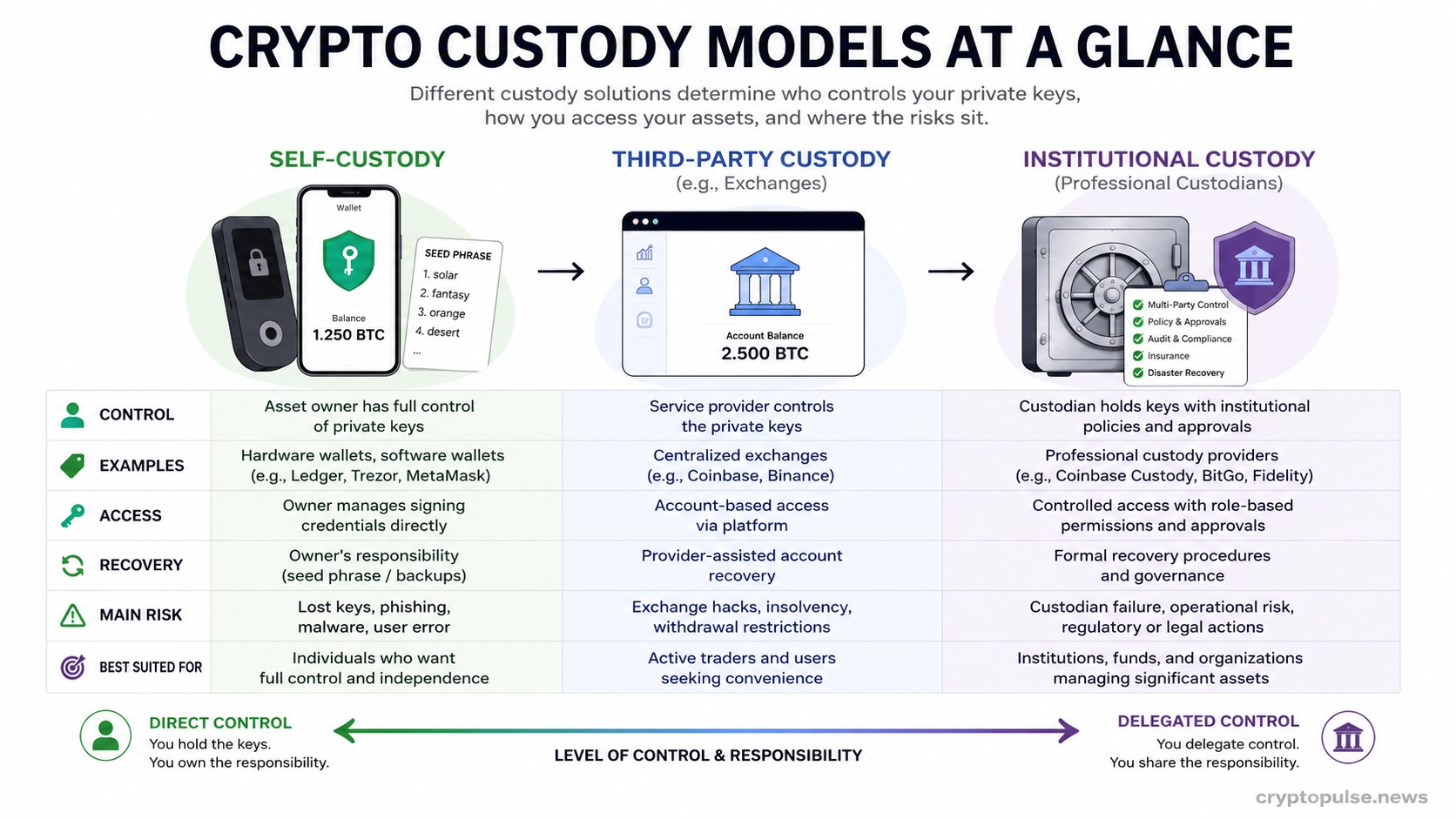 Crypto custody models comparing self-custody, exchanges, and institutional custodians