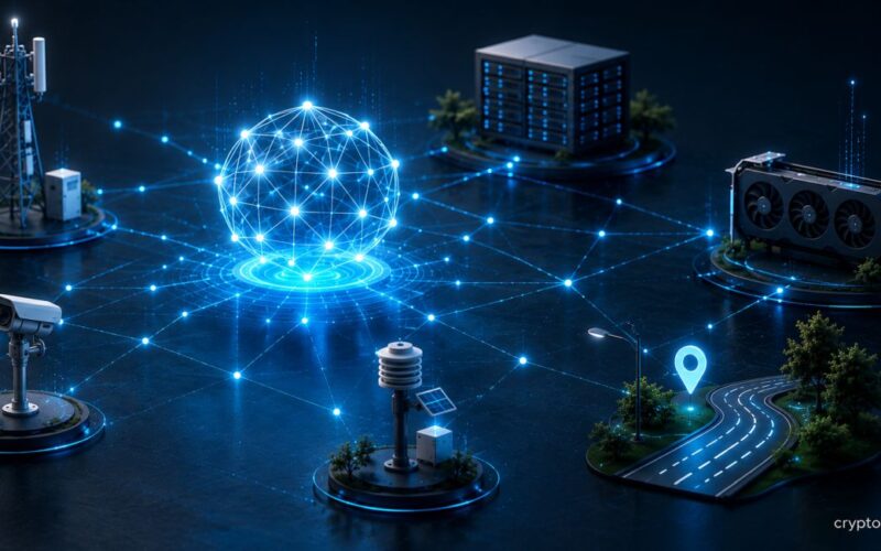 DePIN network connecting distributed physical infrastructure through a decentralized digital network.
