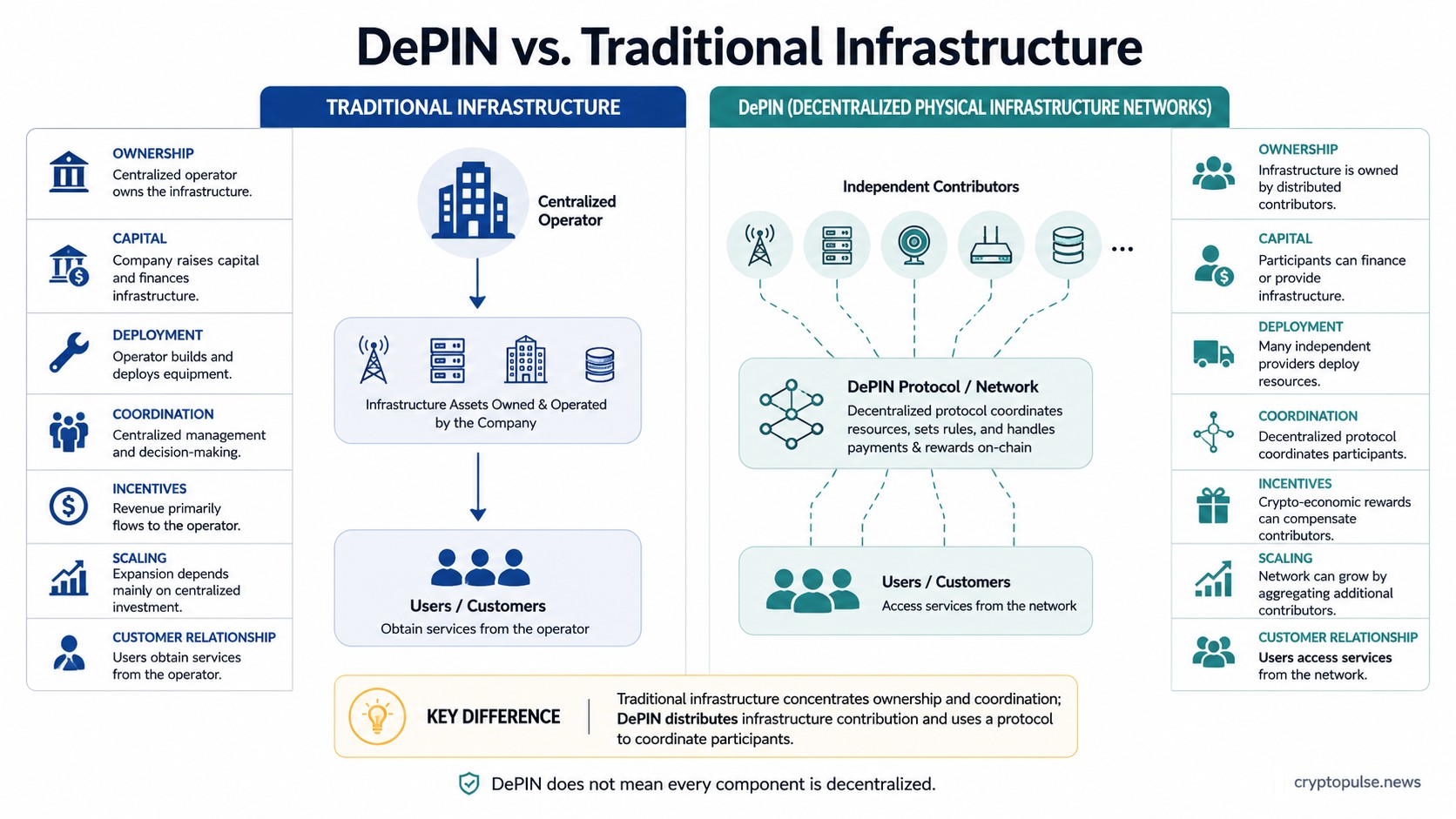 DePIN vs. traditional infrastructure comparison showing ownership, deployment, coordination, incentives, and scaling.