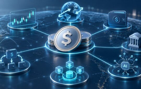 Stablecoin network connecting trading, payments, DeFi, global transfers, treasury systems and AI transactions.