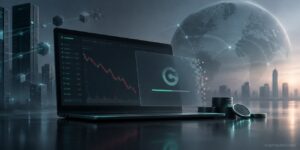 Laptop with falling crypto chart, digital network and coins symbolizing CoinEx exchange shutdown