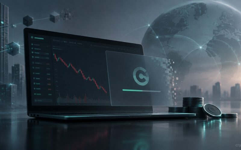 Laptop with falling crypto chart, digital network and coins symbolizing CoinEx exchange shutdown